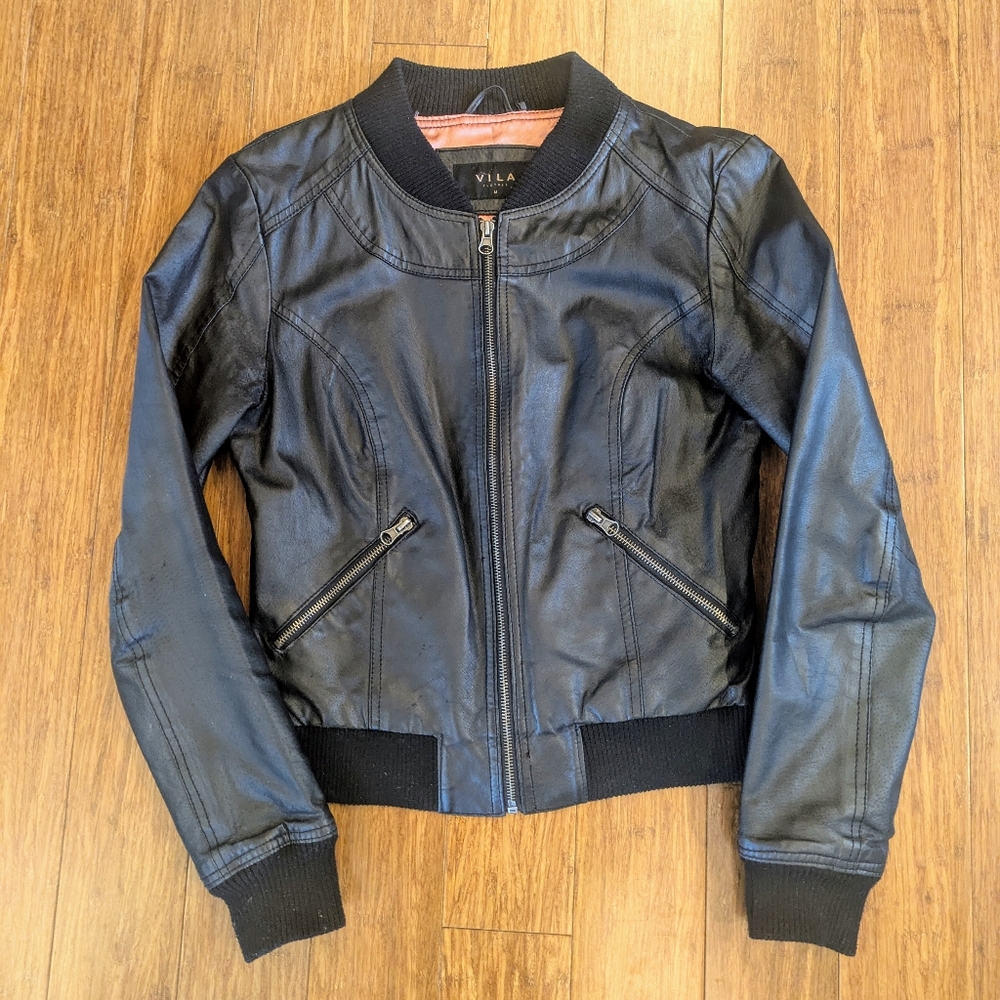 SOLD - VILA Vintage 90s Genuine Leather Bomber Jacket